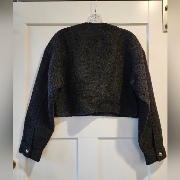 H&M Black Teddy Bouclé Cropped Jacket with Silver Buttons - Picture 2 of 3